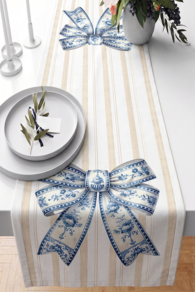 Blue Tile Ribbon Bow and Thin Line Patterned 40X140Cm Digital Printed Runner Decorative Table Runner