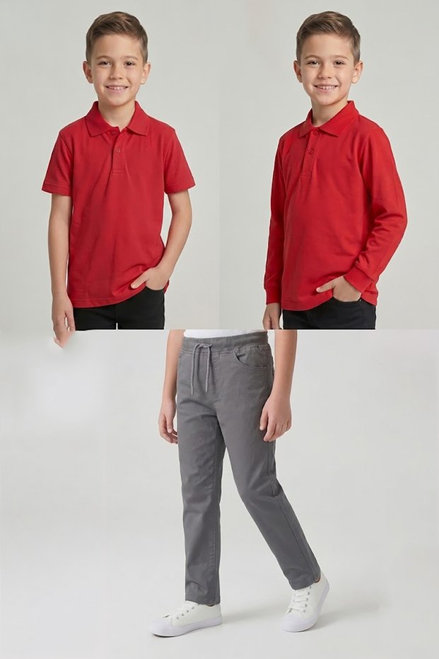 Boys' School Red Long and Short Sleeve Polo Collar T-Shirt Smoked Ribbed Waist Pants 3-Piece Top and Bottom Set