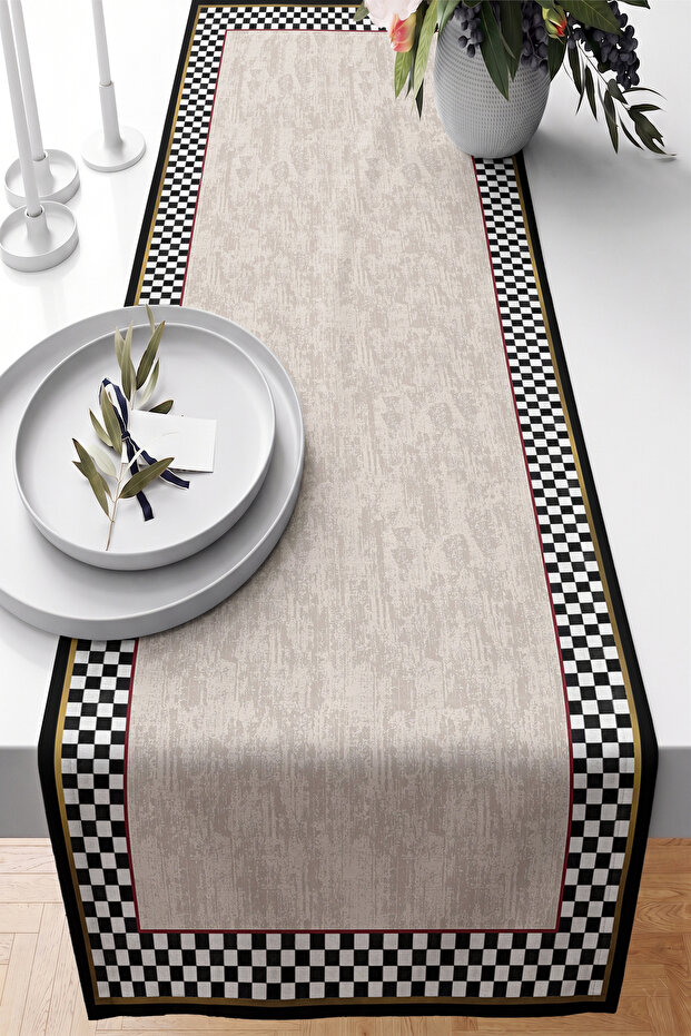 Black and White Checkered Border Gray Textured Modern Decorative Table Runner 40X140Cm Digital Printed Runner