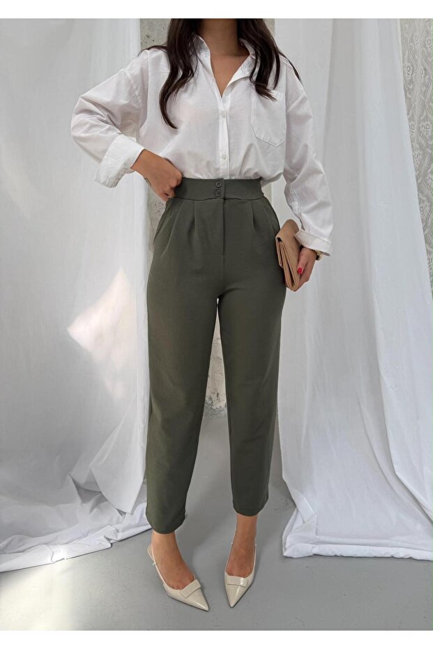 Women's Khaki Crepe Double Button High Waist Carrot Pants Frv0224