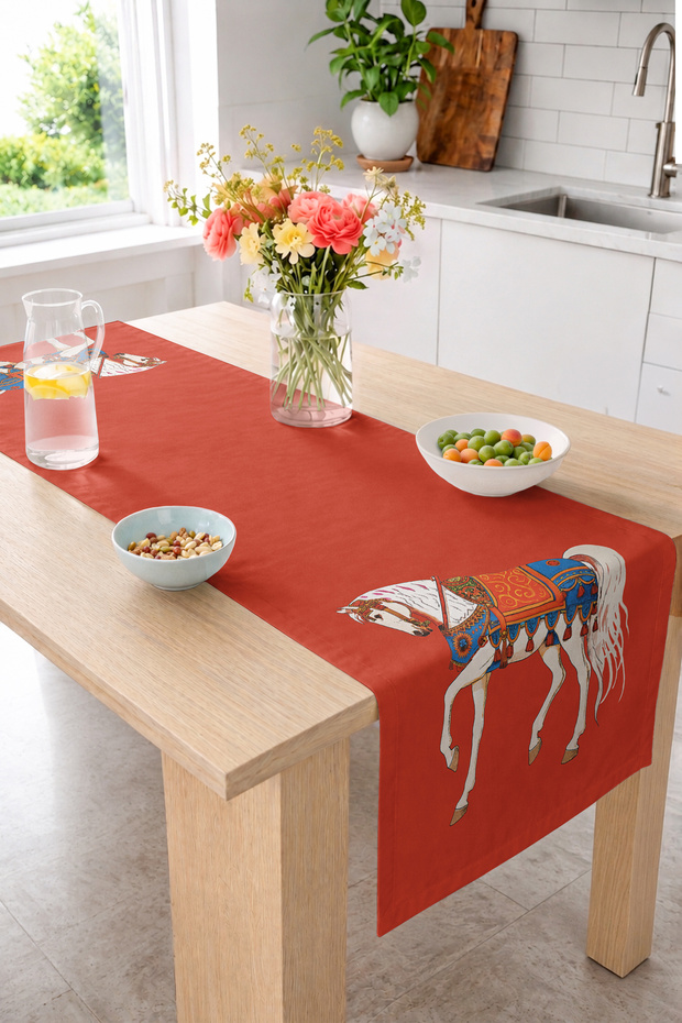 Red Floor with Traditional Clothinged Horse Figure 40X140 cm Digital Printed Decorative Table Runner