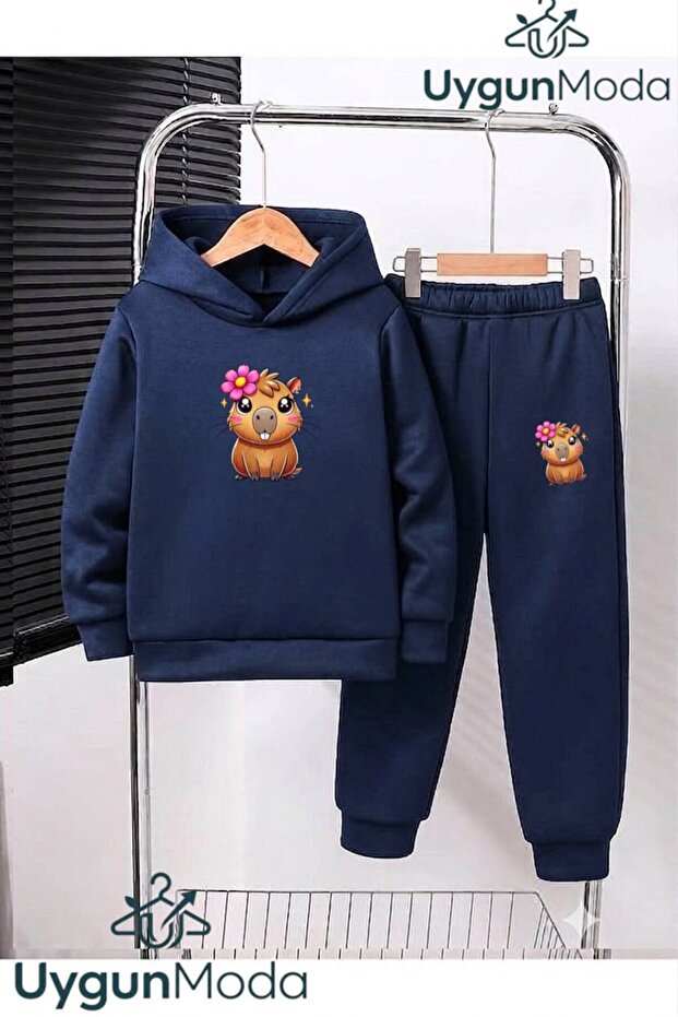 Kiz Cappy Printed Hooded Thick Cotton Inside Padding Tracksuit with Pockets Children's Top and Bottom Tracksuit Set