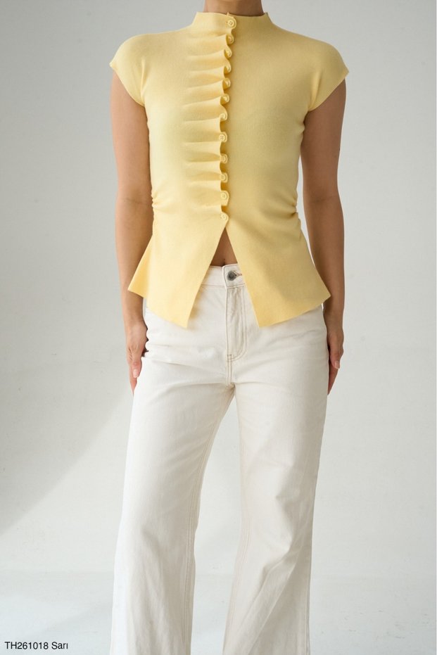 Women's Buttoned Gathered Detailed Sleeveless Knitwear Cardigan