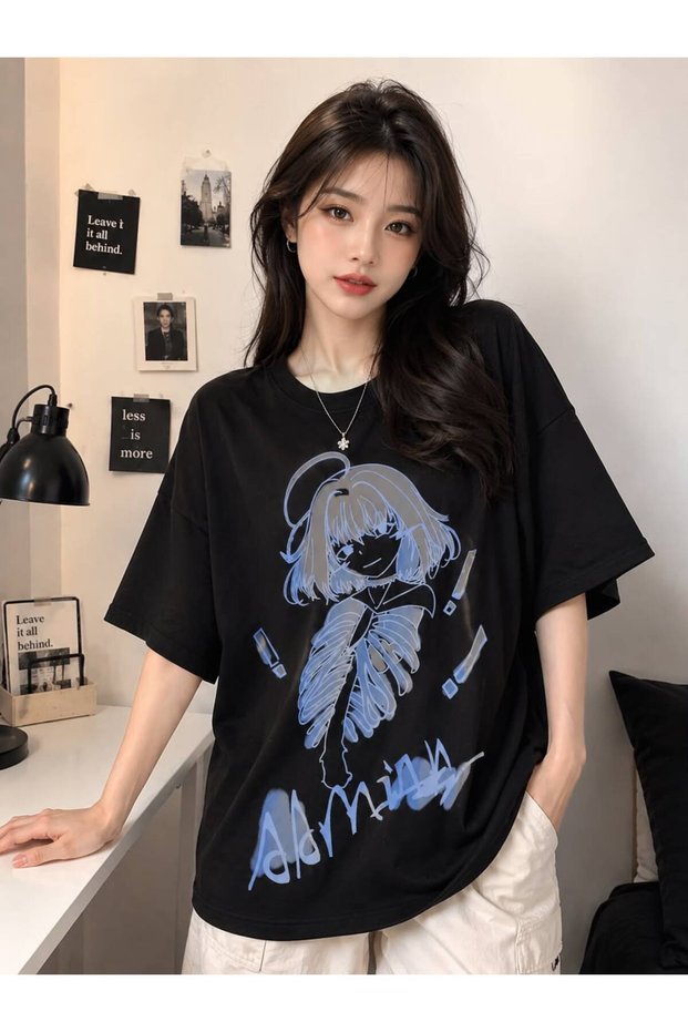 Dark Anime Graphic Printed Oversize Black T-Shirt