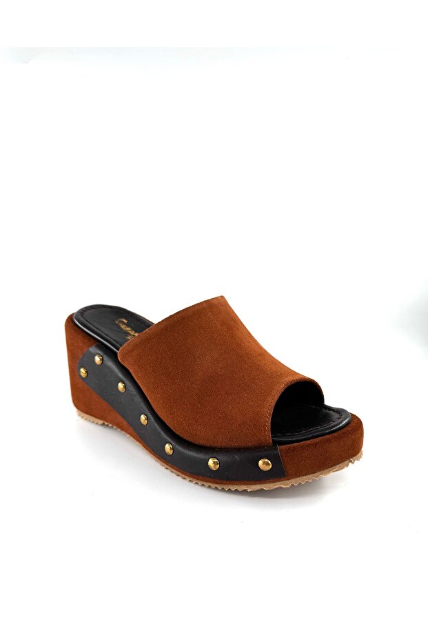 Genuine Suede Leather Wedge Heeled Tan Slippers