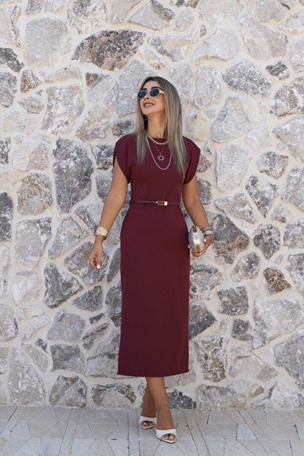 Burgundy Straight Cut Slim Belted Dress