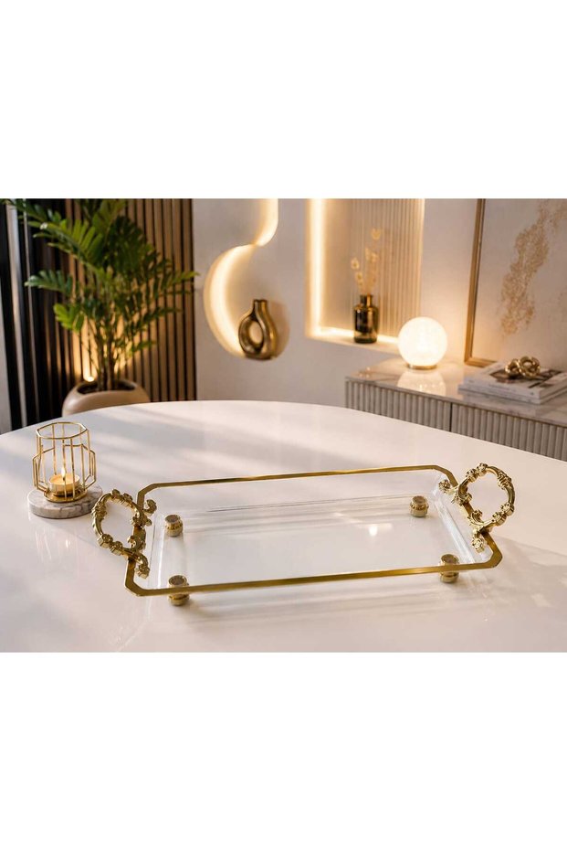 1 Piece Gold Detailed Glass Presentation Tray with Feet and Handles Stylish Decorative Serving Tray