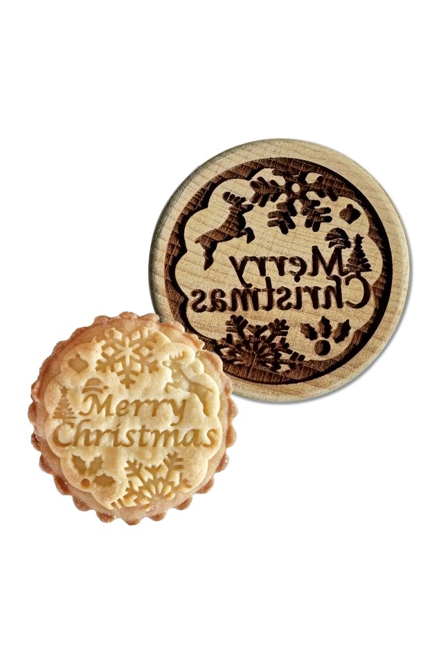 Merry Christmas Wooden Cookie Stamp Cookie Mold for Christmas, with Reindeer Snowman Pattern, Round