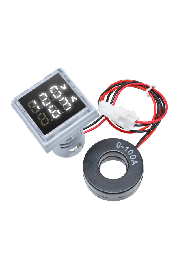 WHITE Mini Dual Display Voltmeter & Ammeter LED Digital Voltage Gauge AC 50-380V 0-100A Current Mete
