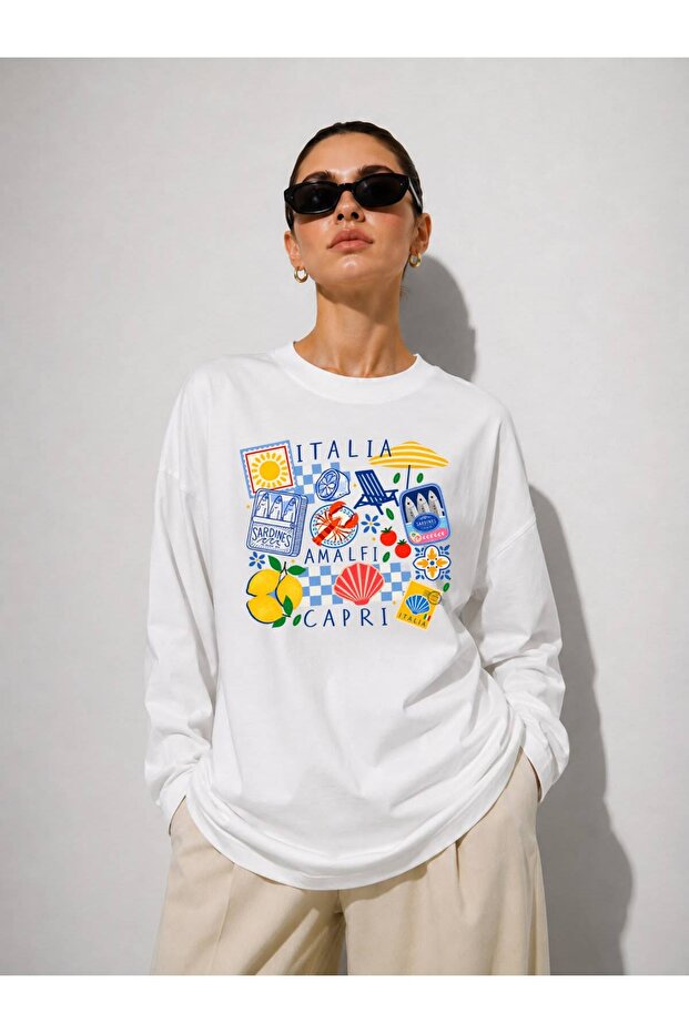 White Summer Printed Long Sleeve T-Shirt Suitable for Hijab