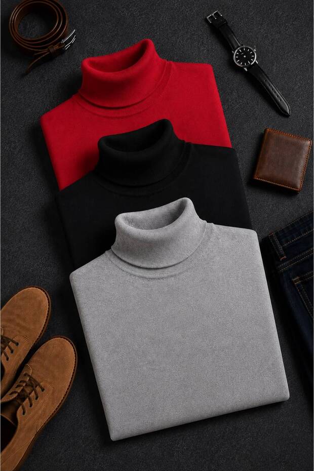 Men's 3-Pack Turtleneck Long Sleeve Winter Sweater – Slim Fit Basic Knitwear