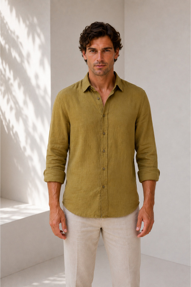 100% Pure Linen Fabric Regular Fit Comfortable Flowing Long Sleeve Shirt | Ee100128043