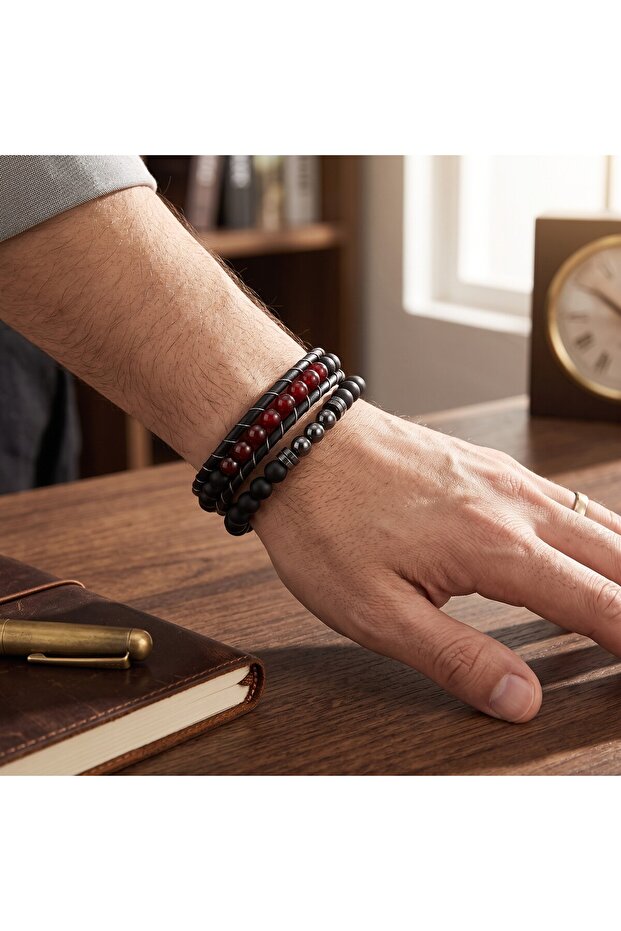 Black Leather Red Agate Detailed and Matte Black Natural Stone Double Men's Bracelet Set
