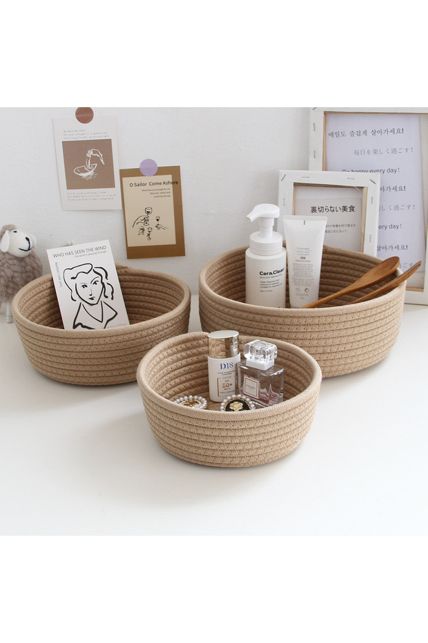 3pcs Khaki Round Desktop Storage Baskets Jewelry Key Remote Control Organizer Dormitory Bedroom Desk