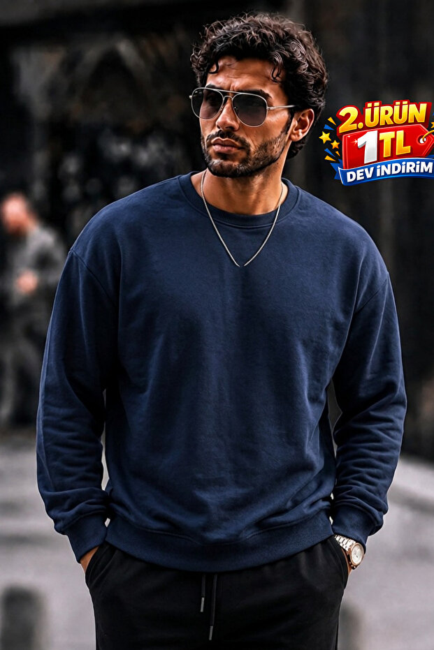 Men's Thick Woven Navy Blue Casual Sweatshirt