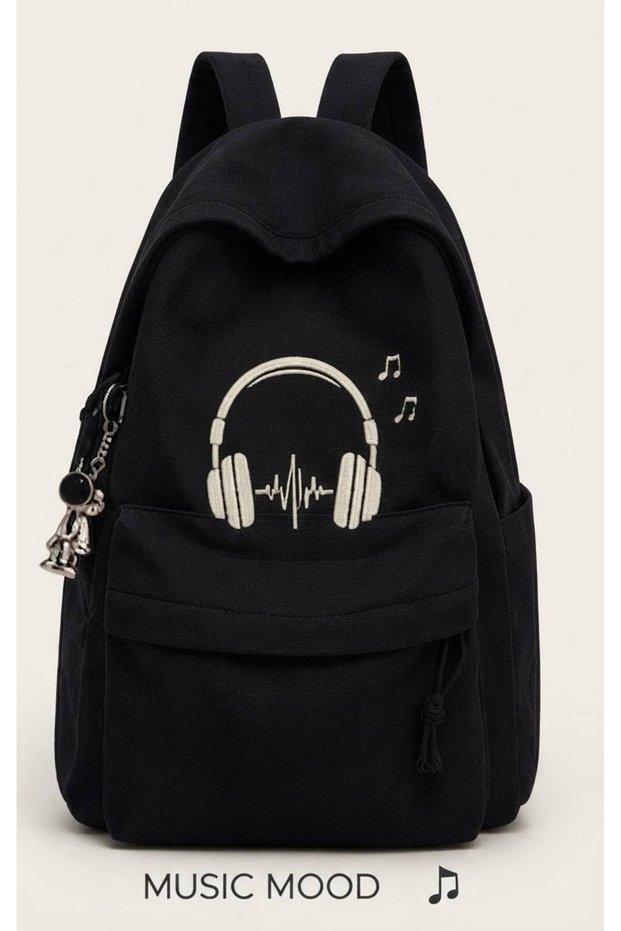 Black Music Mood Headphones Printed School, Class, Course, Athlete Backpack