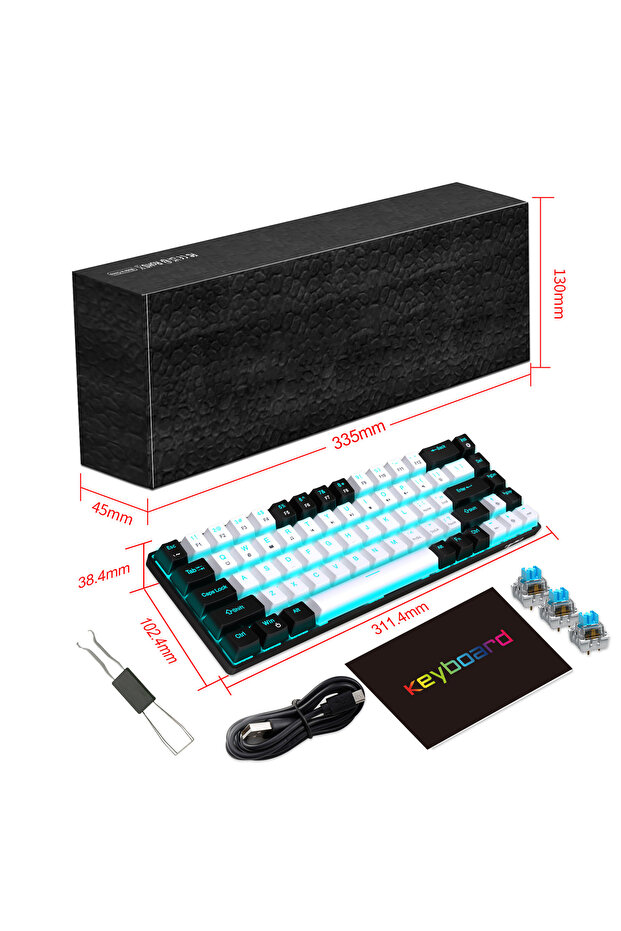 مفتاح أزرق أسود أبيض 68 مفتاحًا لوحة مفاتيح ميكانيكية مريحة إضاءة خلفية RGB LED قابلة للتبديل السريع أزرق