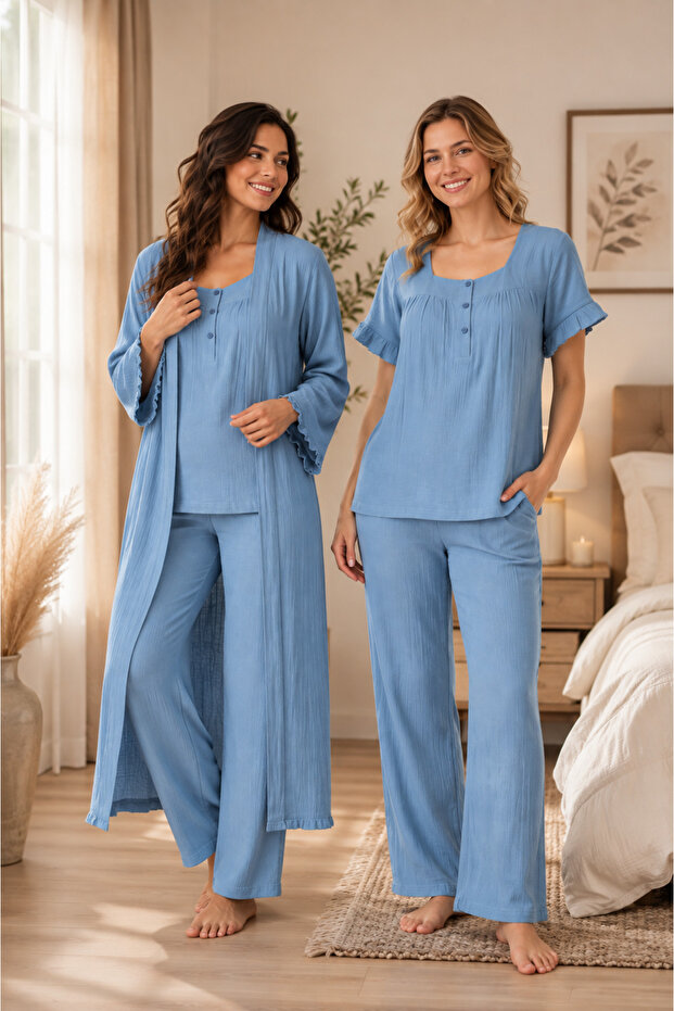 Soft Muslin Fabric Maternity Pajama Set with Dressing Gown Effortt