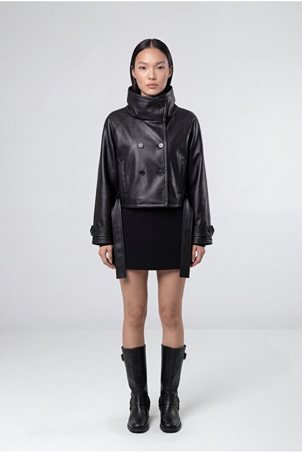 High Collar Faux Leather Trench Coat