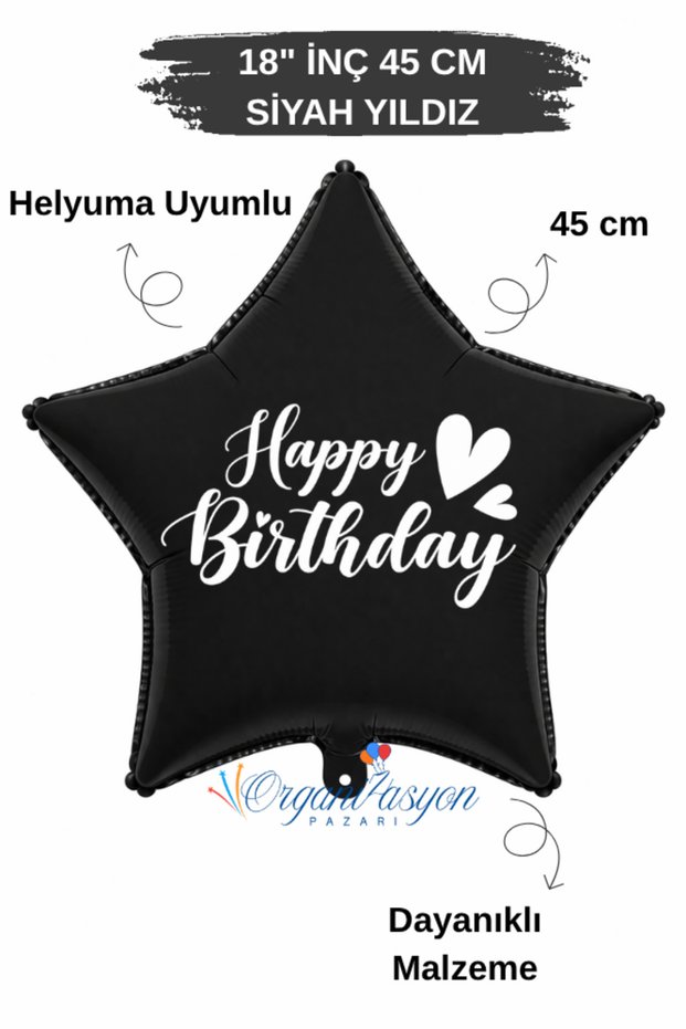 18 Inch Black Star Foil Balloon | Happy Birthday Heart Printed | Birthday Party Decoration Balloon