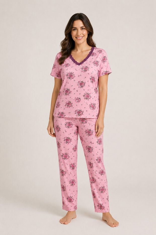 Mother's Pajama Set, Seasonal Fabric, Lace V-Neck, Short Sleeves, 100% Combed Cotton, Without Pockets, Burgundy & Plum