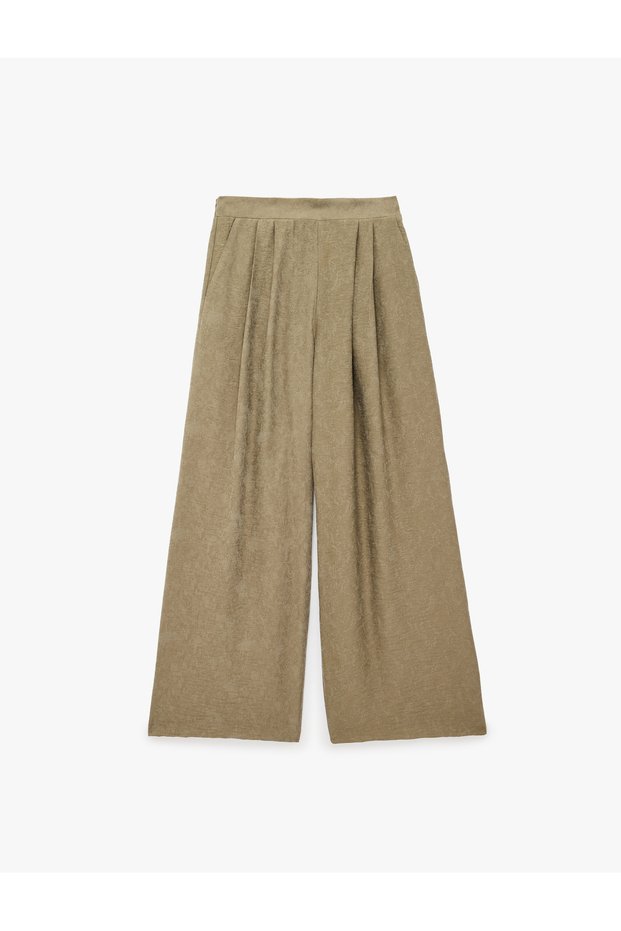 Viscose Jacquard Regular Waist Pocketed Pleated Wide Leg Trousers