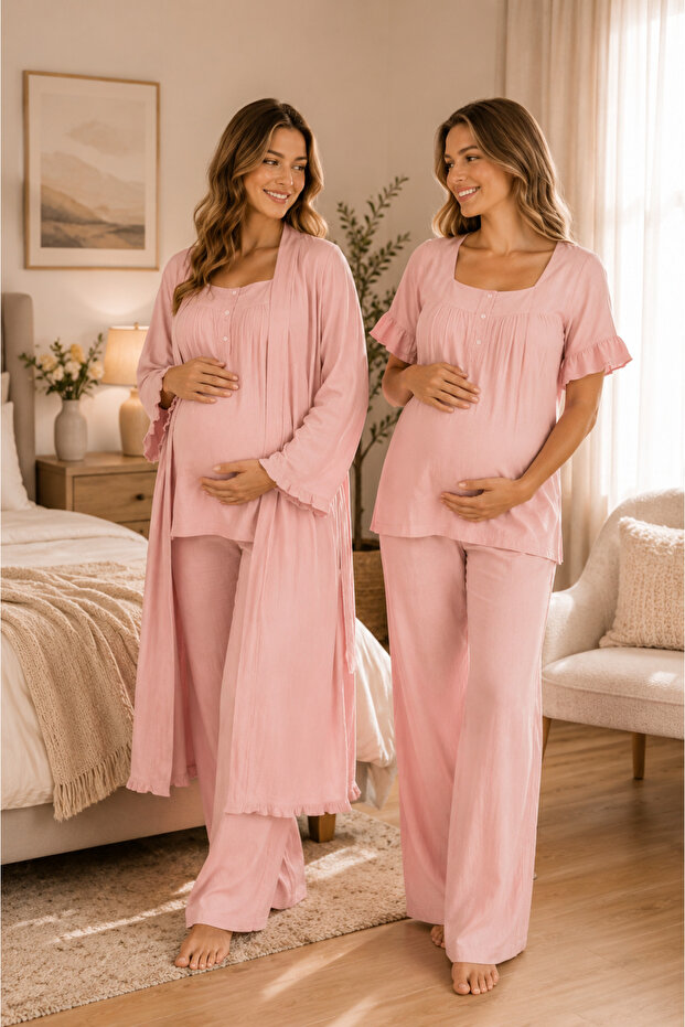 Soft Muslin Fabric Maternity Pajama Set with Dressing Gown Effortt