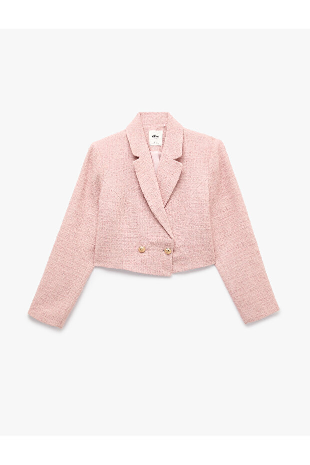 Button Detailed Double Breasted Collar Long Sleeve Cropped Tweed Jacket
