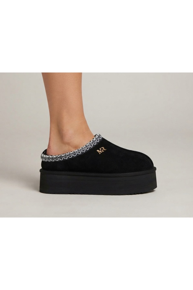 Genuine Leather and Fur Platform Sole Sabo Women's Slippers
