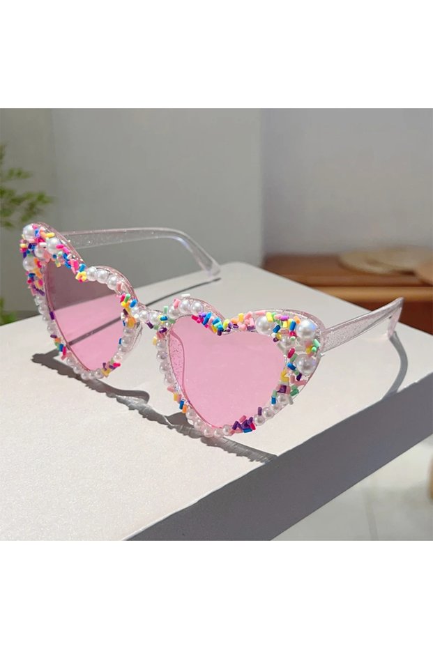 as picture shows pink GM LUMIAS Heart Shape Sunglasses with Pearls and Sprinkles Fashion Cute Multi-