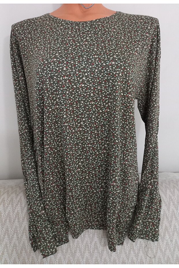Er Clothing Combed Cotton Blouse Long-Sleeve Crew Neck Green Floral