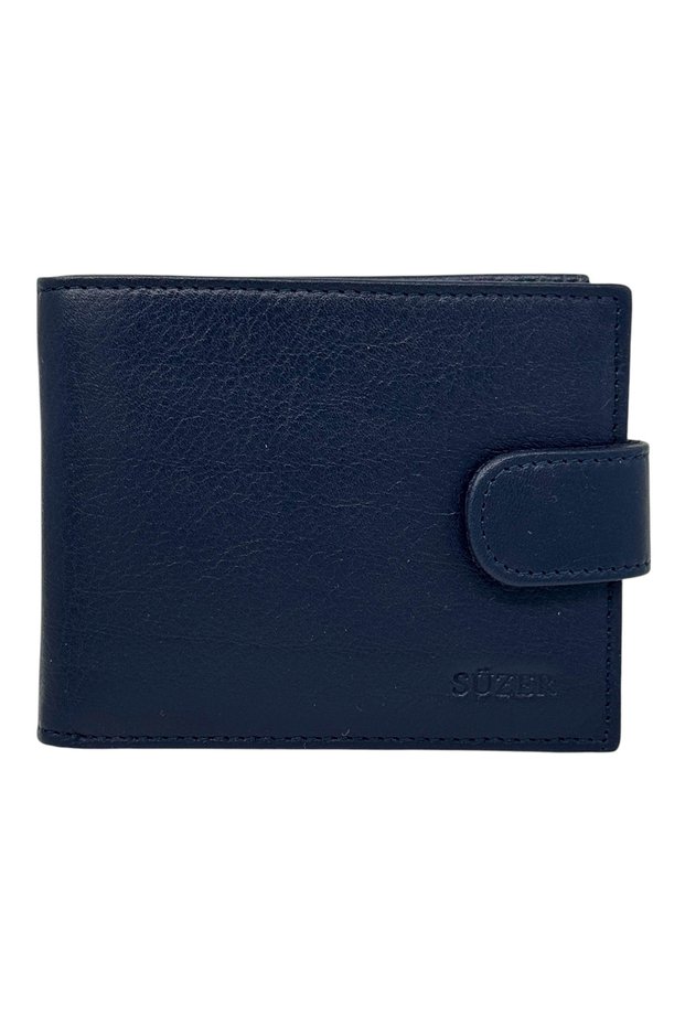 Horizontal Model Genuine Leather Classic Men's Wallet with Coin Compartment Navy Blue