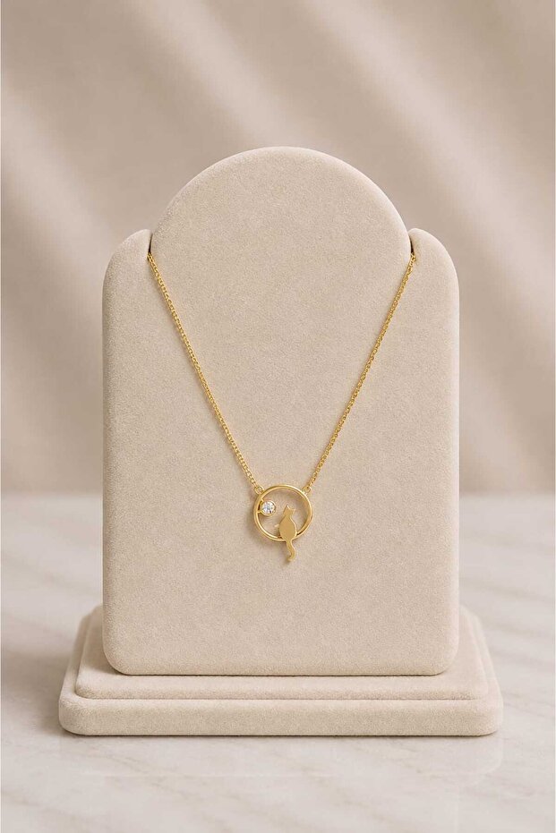 Gold Necklace with Cat Figure Inside the Minimal Ring