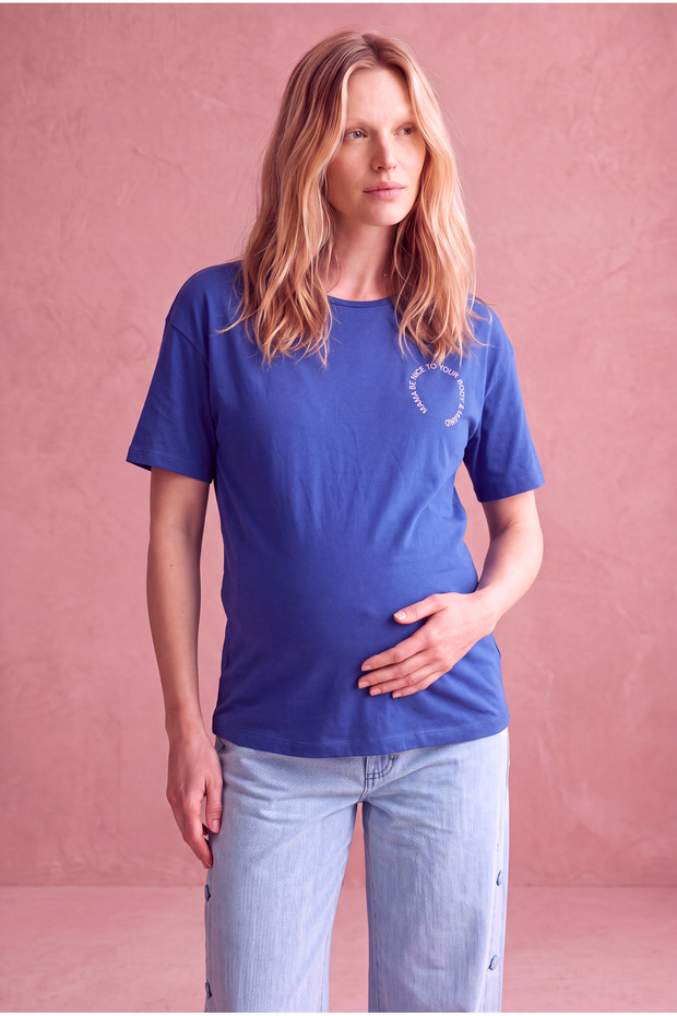 Maternity Cotton Dark Blue Short Sleeve Wide Collar Printed T-Shirt Leanna