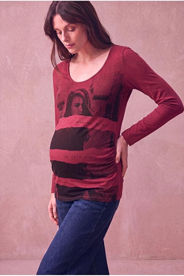 Maternity Cotton Red Long Sleeve Crew Neck Printed T-Shirt Rain