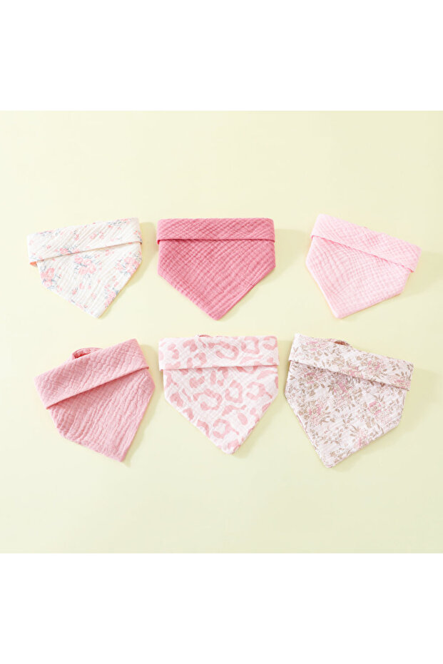 4-Pink 6pc Baby Bibs Set Cotton Baby Drool Towel for Newborn 2 Layer Gauze Muslin Triangular Feeding