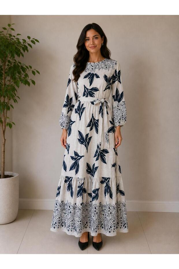 Plus Size Authentic Patterned Viscose Long Sleeve Belted Hijab Dress Beige/Navy Blue