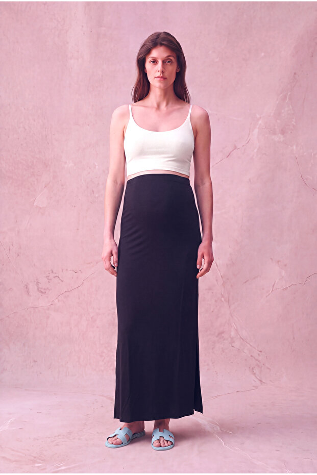 Maternity Modal Black Loose Fit High Waist Maxi Skirt with Abdominal Support Zendaya
