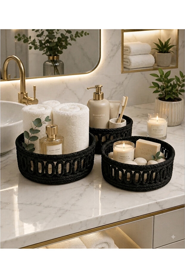 Jute Wicker 3-Piece Bathroom Basket Set Natural Wicker Organizer, Towel Storage Basket Decorative Bathroom