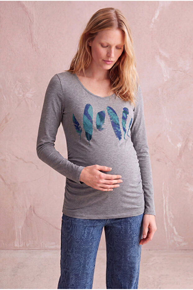 Maternity Viscose Blended Gray Long Sleeve Wide Collar Printed T-Shirt Jessica