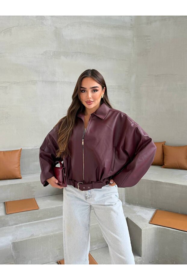 Women's Ovarsize Leather Jacket Ovarsize Relax Fit Leather Jacket with Zipper and Belt Detail