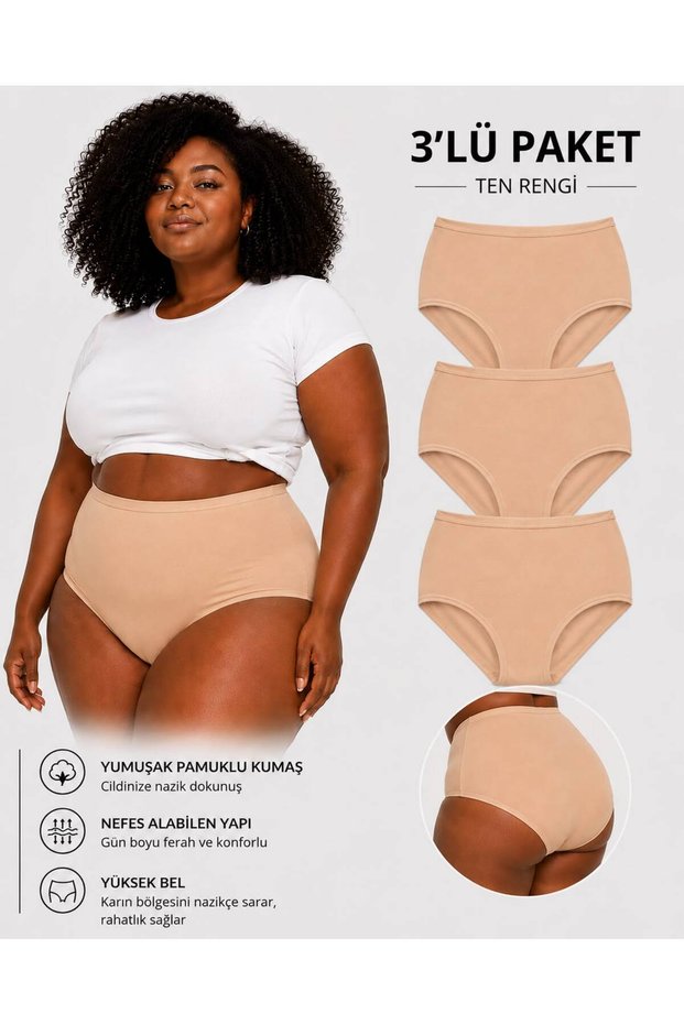 3-Piece Set of Plus Size Panties 100% Cotton High Waist Underwear