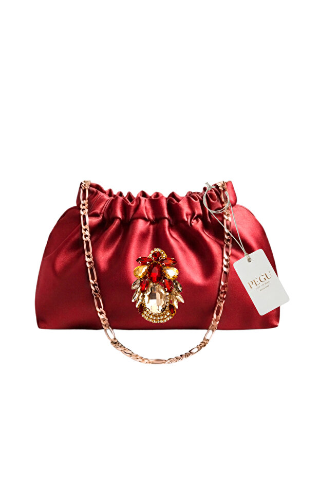 Red Satin Royale Series Handmade Custom Design Drawstring Bag with Chain Handle, for Evening Dress, Wedding, Engagement, Celebration, Event, Casual.. 63