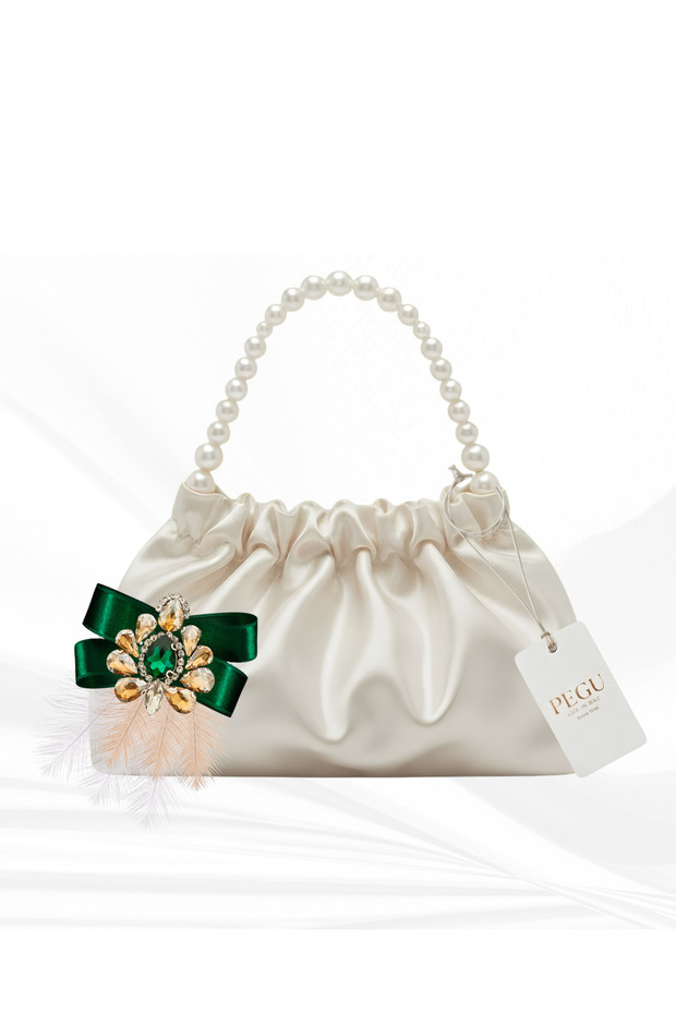 Ekru Satin Crystal Glass Stone Design Made with Pearl Handle, Foldable Bag, for Evening Dresses, Daily Use, Events, Celebrations..09