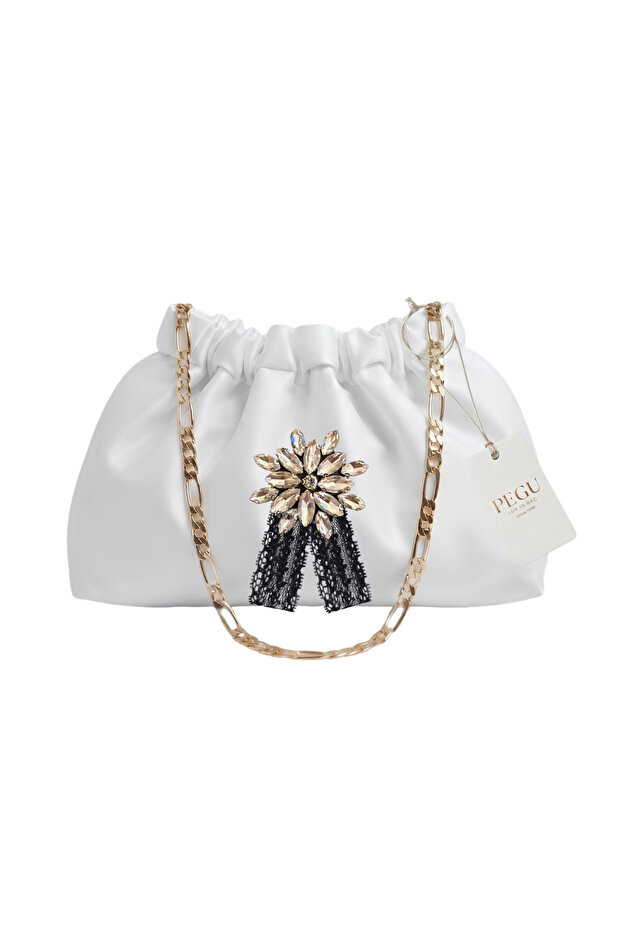White Satin Royale Series Handmade Custom Design Drawstrap Bag with Chain Handle, for Evening Dress, Wedding, Engagement, Celebration, Event, Casual.. 44