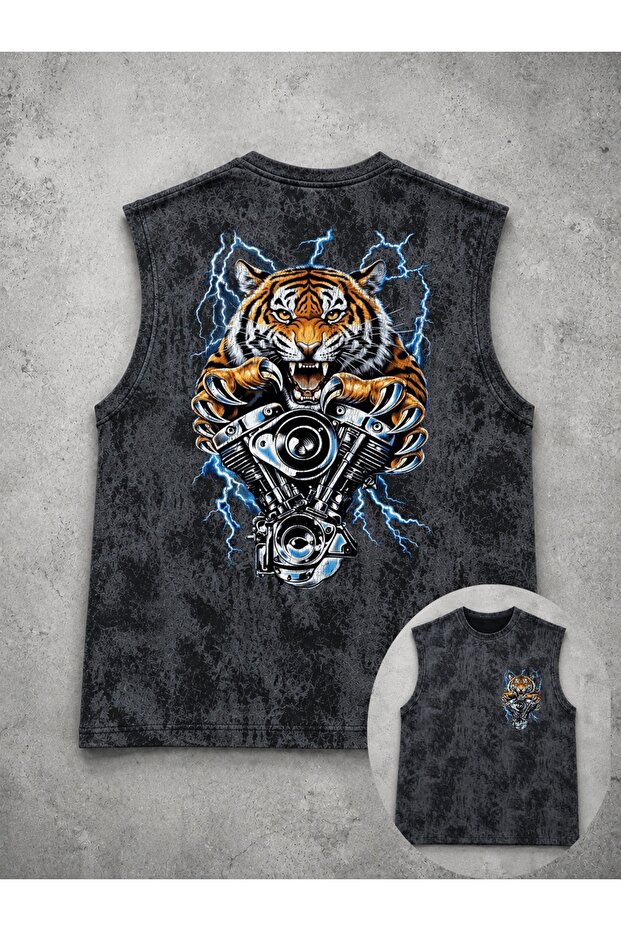 Unisex Black Washed Sleeveless Tank Top with Trendy Graphic Print on the Back