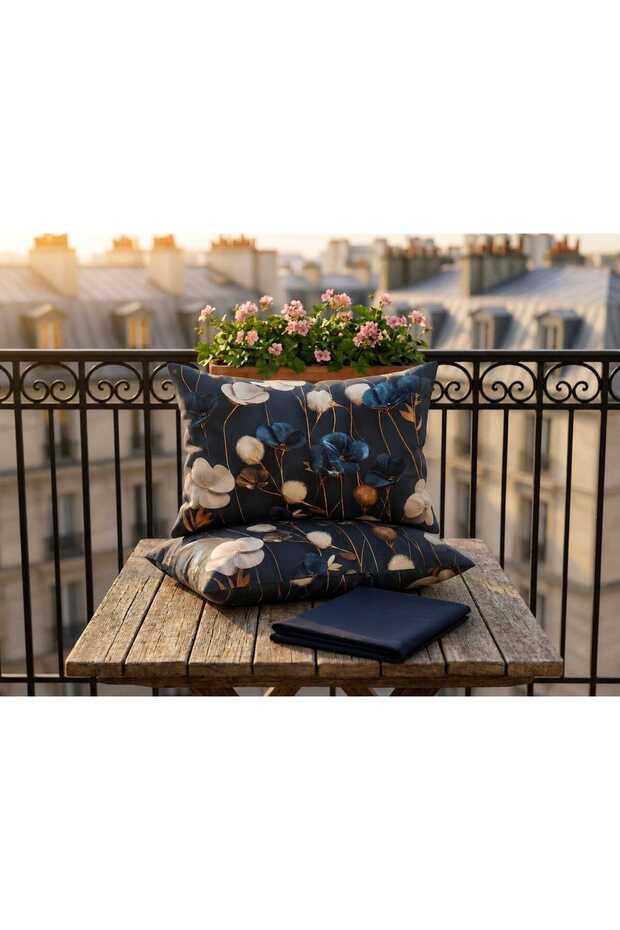 Navy Blue Garden Double Elastic Sheet and 2-Piece Pillow Set | 100% Cotton |