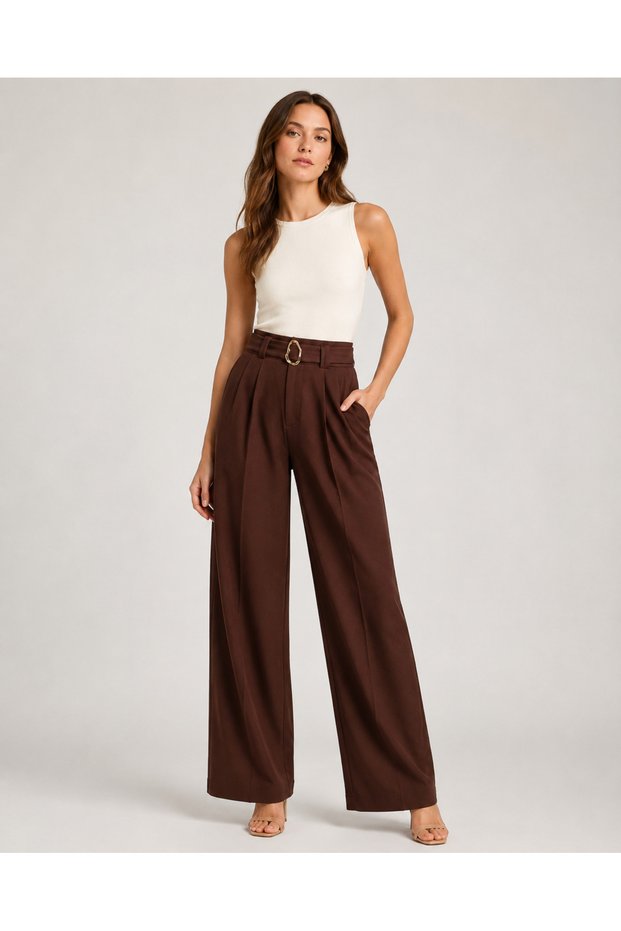 Women's High Waist Belted Modal Fabric Palazzo Trousers with Pleated Side Pockets