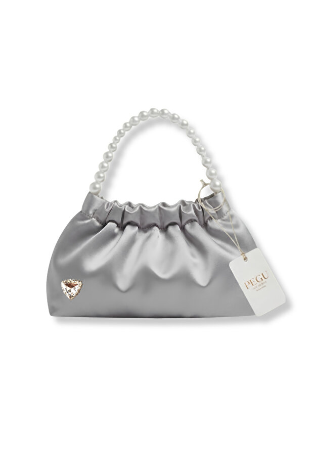 Gray Satin Designer-Made Pearl Handle Drawstring Bag, for Evening Dresses, Casual, Events, Celebrations..98