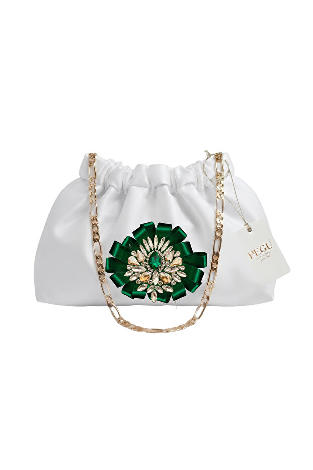 White Satin Royale Series Handmade Custom Design Drawstrap Bag with Chain Handle, for Evening Dress, Wedding, Engagement, Celebration, Event, Daily Use.. 40